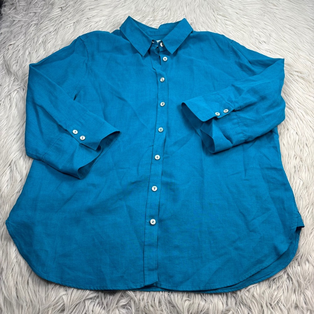 Chico's Women's 12 L (2) Teal 100% Linen Button Front Blouse Lagenlook Resort